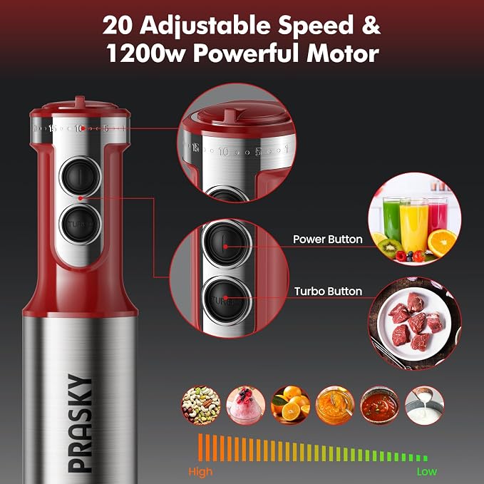 Immersion Blender Handheld 1200W, 5-in-1 Hand Blenders, 20 Speeds Hand Mixer, Stainless Steel Blades, Milk Frother Wand, Whisk, Beaker, Suitable for Kitchen, Protein Shakes and Baby Food (Red)