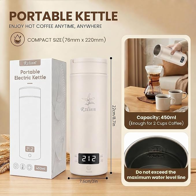 Portable Electric Kettle (120V), small-capacity electric kettle, made of 316-grade stainless steel, 4 temperature settings, with automatic shut-off function, (Cream, 9.05 * 3.15)