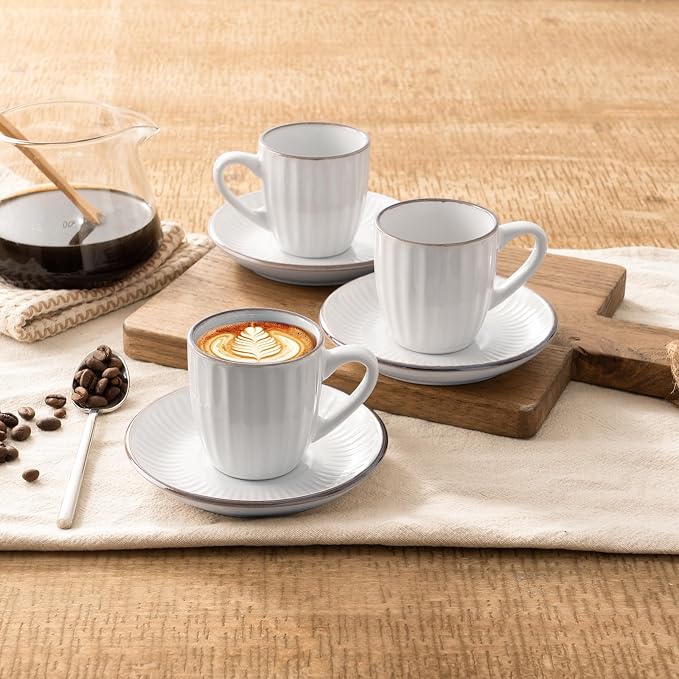 famiware Espresso Cups and Saucers Set of 4, 3 oz Ceramic Small Coffee Mug with Handle, Embossed Stoneware Demitasse Cup for Tea, Latte - Microwave & Dishwasher Safe - White Stripe