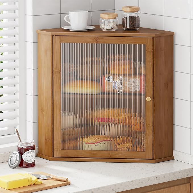 Kitsure Bread Box - 2-Tier Corner Bread Box for Kitchen Countertop with Magnetic Acrylic Door, Bamboo Kitchen Counter Organizer for Snacks, Loaves, Homemade Bread Storage, Brown, 16.5" H