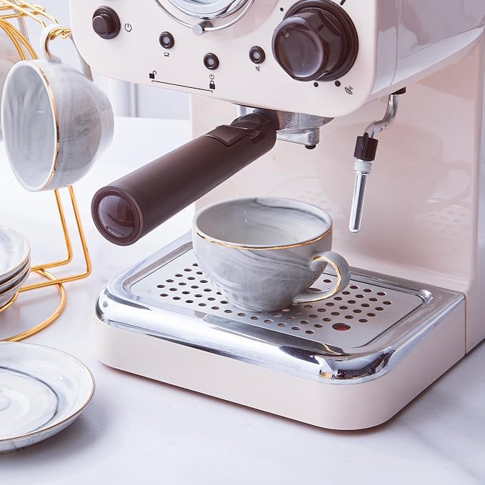 Ceramic Espresso Cups Set with Saucers and Metal Stand, 4 oz Porcelain Stackable Cappuccino Cups Teacup For Tea, Espresso, Latte, Coffee, Cafe Mocha（Gray）