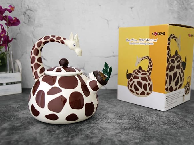 UPware Giraffe Enamel on Steel Whistling Tea Kettle, Cute Animal Teakettle, 2.1 Quart