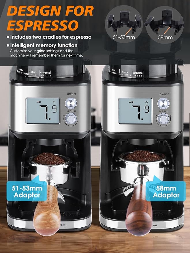Homtone Conical Burr Espresso Coffee Grinder – 51mm Stepless Electric Bean Grinder with Grind Settings, Precision Timer, Stainless Steel Mill with Portafilter Holders, Anti-Static for Drip/Moka