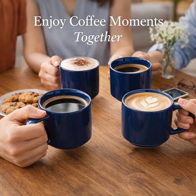 GBhome 14 OZ Coffee Mugs Set of 6, Stackable Ceramic Mugs for Men, Women, Modern Coffee Cups for Latte,Cappuccino,Hot Cocoa. Dishwasher & Microwave Safe, Navy Blue