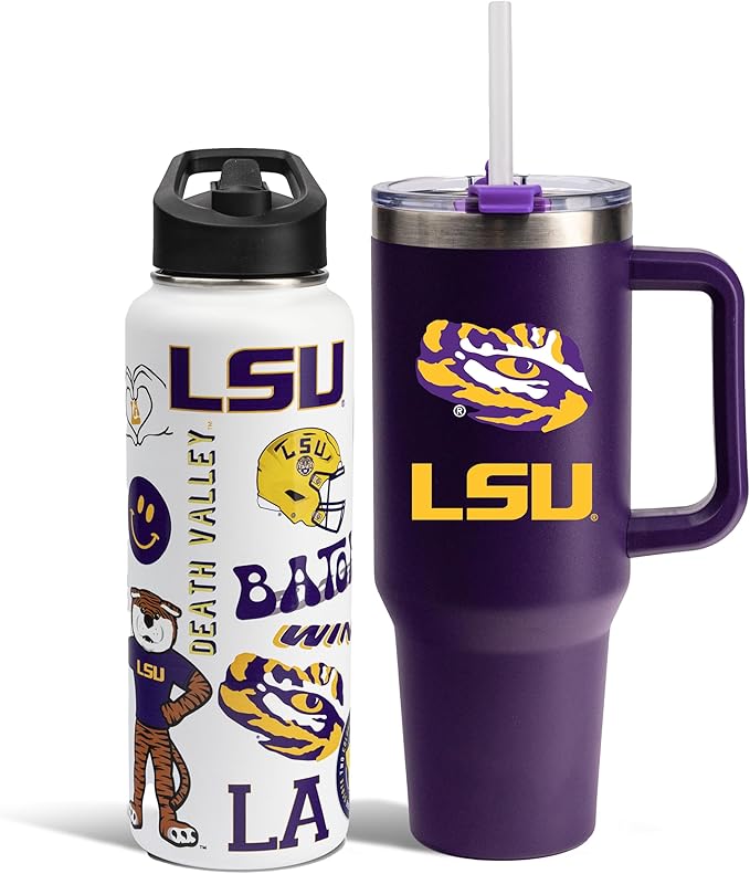 The Memory Company Officially Licensed NCAA 2-Pack Stainless Steel Tumbler Set, 34oz Team Spirit Water Bottle & 40oz Game Day Tumbler with Lid and Straw, BPA-Free Materials, Convenient Straw Design