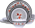 12-Piece Melamine Dinnerware Sets, Unbreakable Dinner Dishes Set for Indoor and Outdoor Use, Dishwasher Safe, Lightweight Dinner Service for 4, Black and White