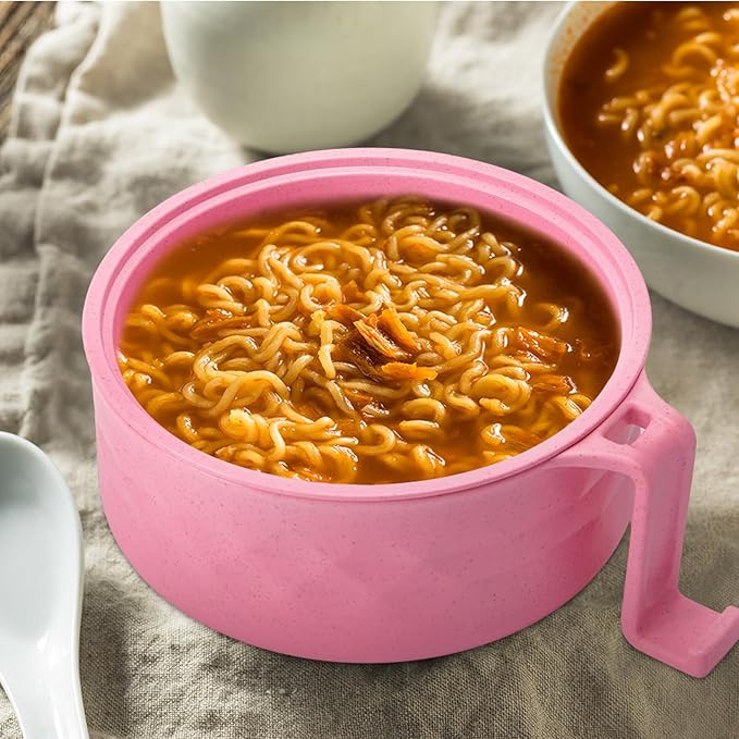 2 Sets Microwave Ramen Bowl 40 oz Wheat Fiber Portable Instant Noodle Cooker Bowl with Handles Strainer Spoon Chopstick Fork College Dorm Room Apartment Essentials(Beige, Pink)