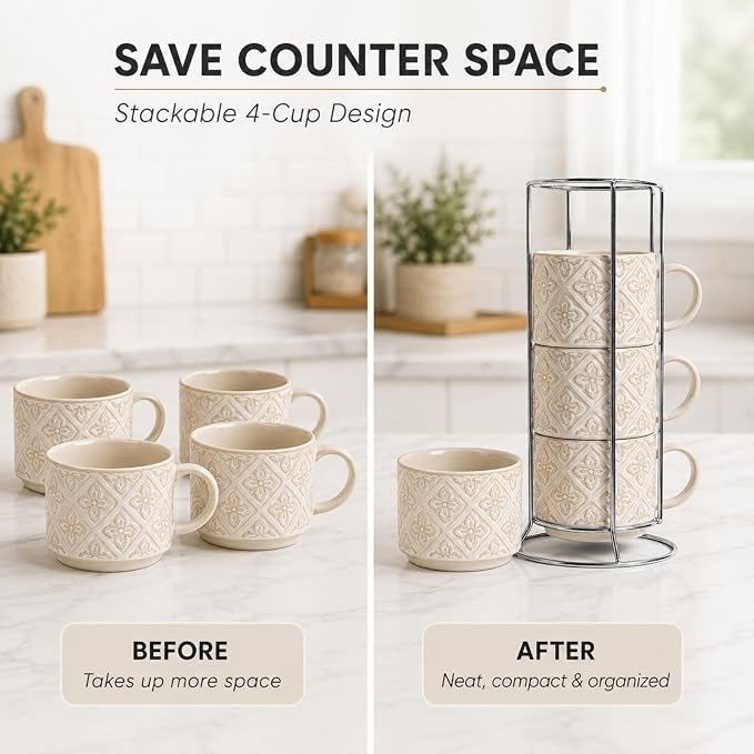 6 Oz Coffee Cups with Stand, Stackable Espresso Cups Set of 4, Ceramic Cappuccino Cup, Embossed Coffee Mugs for Latte, Cocoa, Mocha, Tea, Housewarming Wedding Present, Dishwasher Safe
