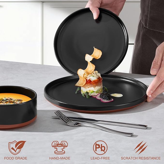 LIANYU Plates and Bowls Sets, 18 Pieces Stoneware Dinnerware Set for 6, Modern Kitchen Dinner Set Ceramic Dishware Dishes Set, Microwave and Dishwasher Safe, Charcoal Black