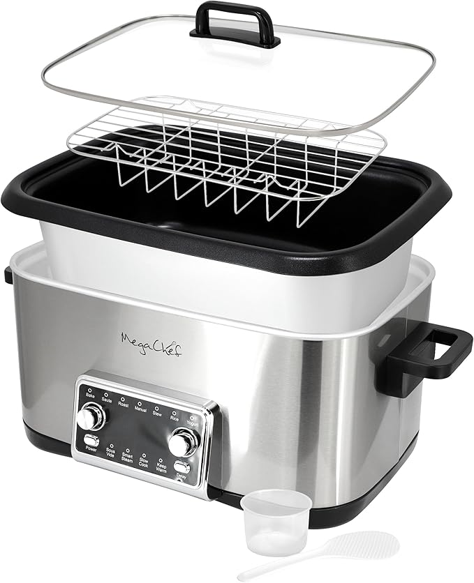MegaChef Deluxe 8 Quart 12-in-1 Programmable Multi Cooker with Sous Vide and Multi-Functions, Digital Display, Adjustable Temperature & Time, Removable Pot, Tempered Glass Lid