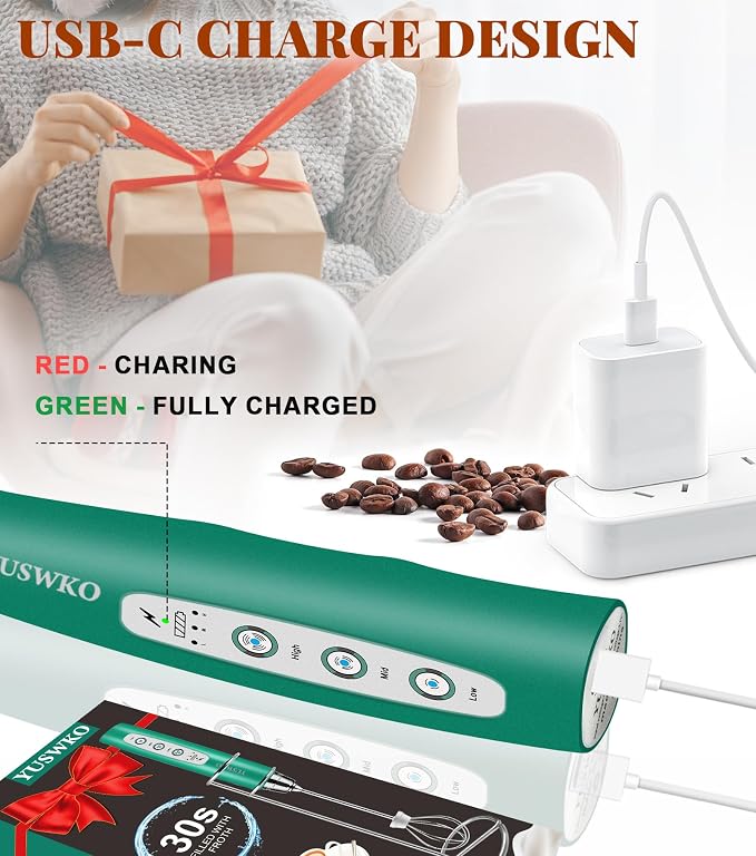YUSWKO Milk Frother Handheld for Coffee with Stand, Rechargeable Drink Mixer with 3 Heads 3 Speeds Electric Coffee Frother Whisk, Gift for Many Occasions and Festival