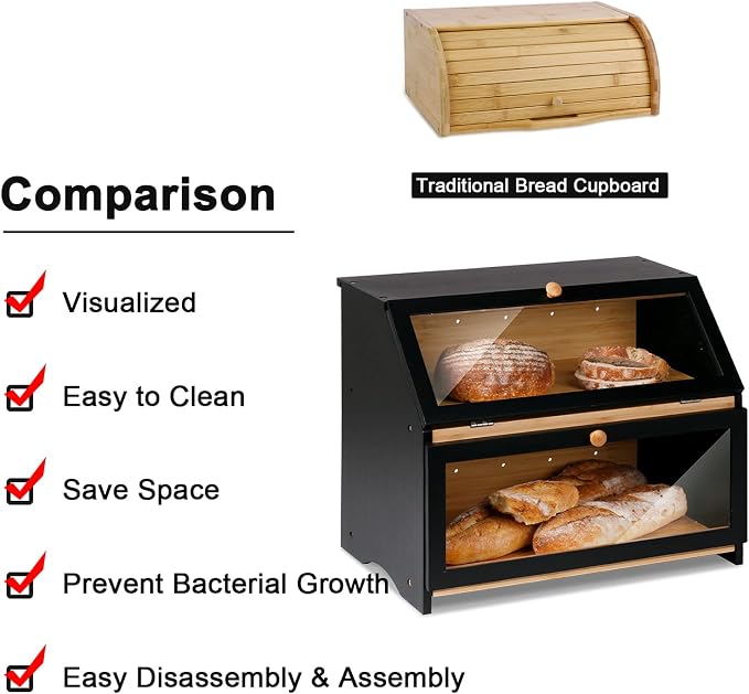 HOMEKOKO Double Layer Large Bread Box, Wooden Bread Storage Bin, Black | Large Capacity, For Kitchen Counter, See Through, Easy Assembly