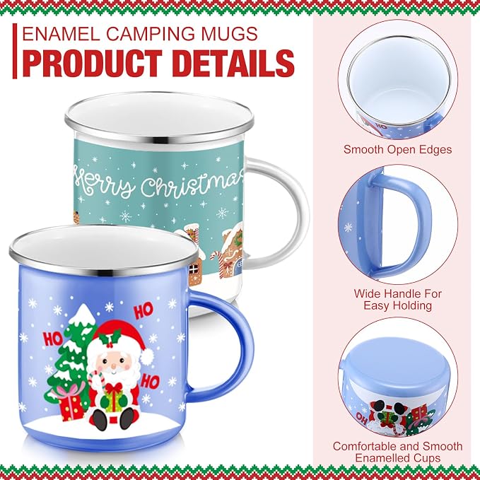 Sliner 16 Pcs Christmas Enamel Mugs, 12 oz Coffee Mugs Bulk Hot Chocolate Mug Set Cute Enamel Tea Cups Winter Holiday Christmas Employee Gift for Family Coworkers (Classic Style)