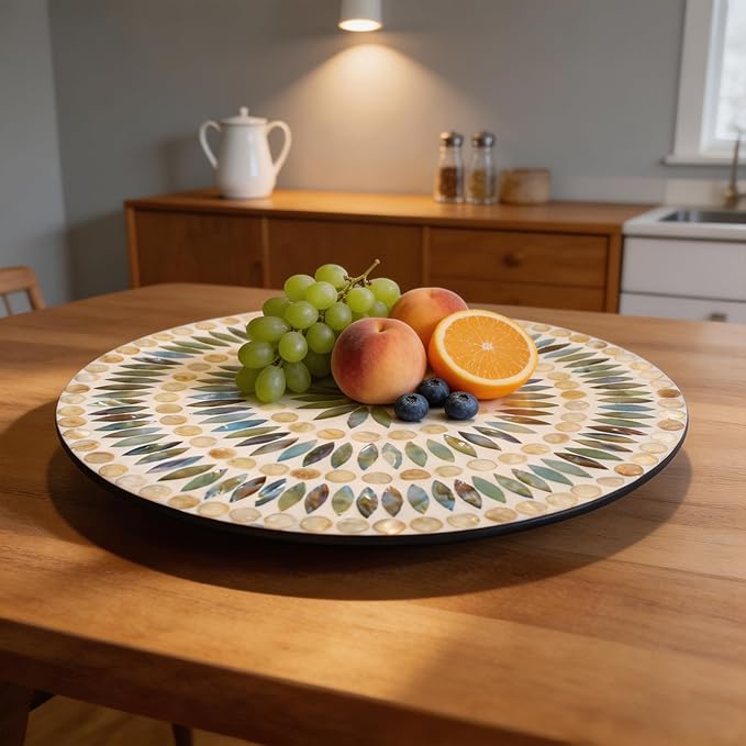 13.4" Mother of Pearl Lazy Susan, Table Centerpiece Round Shell Decorative Lazy Susan Turntable Rotating Tray Organizer for Cabinet Counter Gift Kitchen Office Cafe Home Decor (Dot Blue)