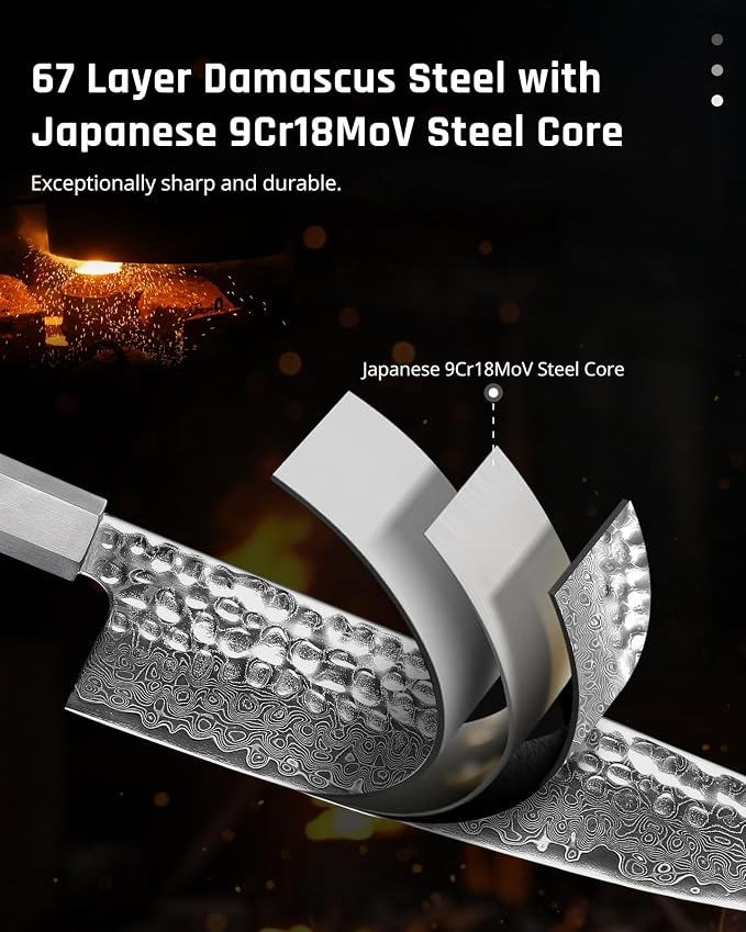 YOTSUBA 8 inch Japanese Kiritsuke Chef Knife, Hand Forged Damascus Kitchen Knife, 9Cr18MoV High Carbon Steel Knife, Professional Chefs Knife with Ergonomic Rosewood Handle