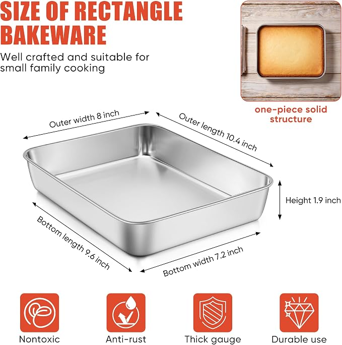 E-far Lasagna Pan, Stainless Steel Rectangular Baking Pan, 10.3x8x2” Small Sheet Cake Pan Metal Bakeware Toaster Oven Tray for Brownie Casserole, Deep Side & Heavy Duty, Anti-Rust & Dishwasher Safe