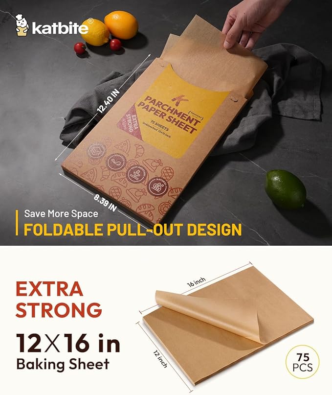 Katbite 75Pcs Unbleached Parchment Paper Sheets 12x16IN, Pre-Cut Heavy Duty Parchment Baking Paper, Non-Stick Half Sheet Brown Baking Parchment Paper for Air Fryer, Baking Cookie [Extra Strong Series]