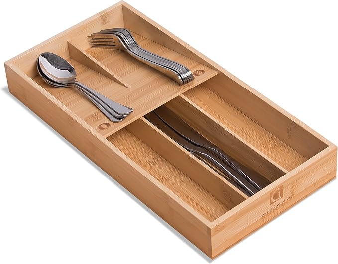 guiogc Bamboo Silverware Organizer, Kitchen Silverware Drawer Organizer, Utensil Tray Holder, Cutlery Tray for Spoons, Forks, Knives
