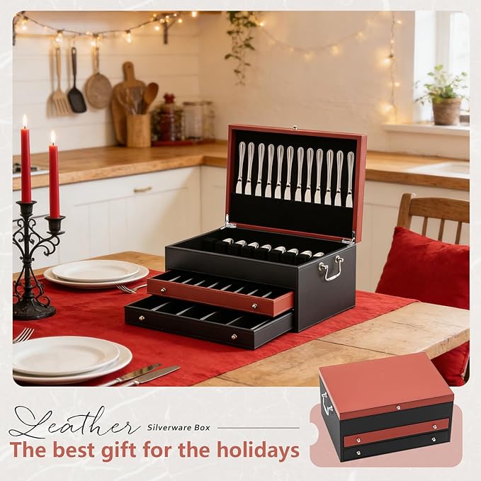 DoubleFill 3 Layer Leather Silverware Storage Box with Lid and Handles, Anti Tarnish Silverware Storage Chest Case with Felt-lined for 12-16 or More Sets of Utensils Flatware Gifts, 15.3x11.2x9 Inch