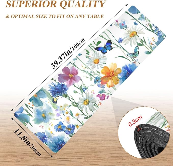 2 in 1 Table Runner Trivet for Hot Pots and Pans Heat Resistant Non Slip Waterproof 39 x 12 Inch Decorative Table Protector for Kitchen Countertop Watercolor Cornflower Daisy
