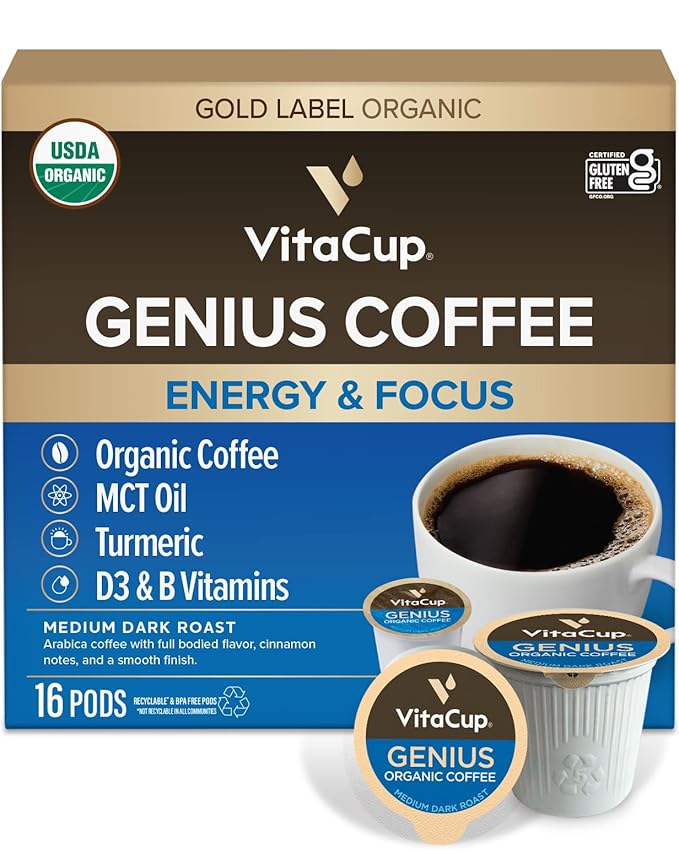 VitaCup Organic Genius Keto Coffee Pods, Increase Energy & Focus w/MCT Oil, Turmeric, B Vitamins, D3, Medium Dark Roast, Bold, Smooth, Single Serve Pod Compatible w/Keurig K-Cup Brewers, 16 Ct.
