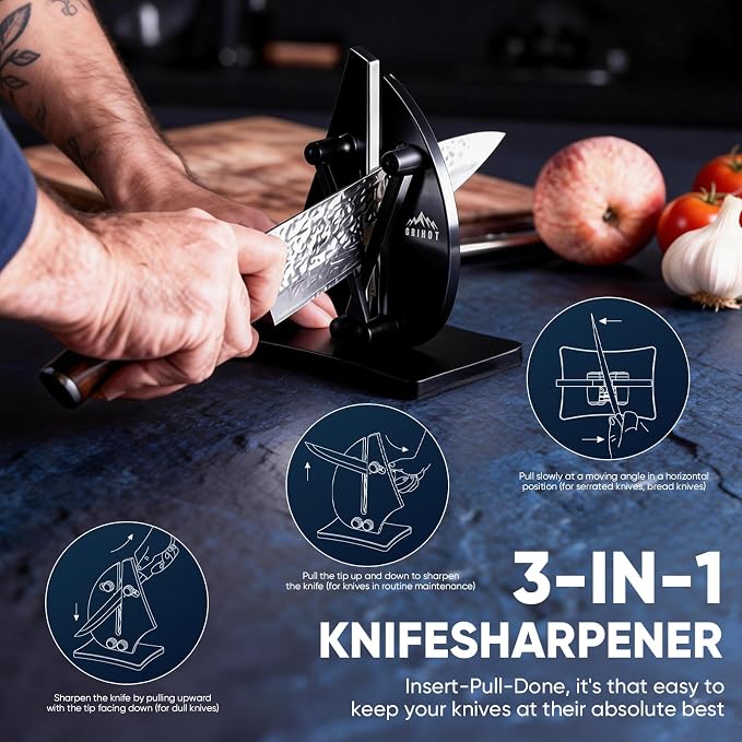VN3 Professional Knife Sharpener | 3-Action Tungsten Carbide, Black | For Repair, Restoration and Sharpening, Easy to Use, Replacement Blades Included, Soild and Durable, Sailboat Shaped Design
