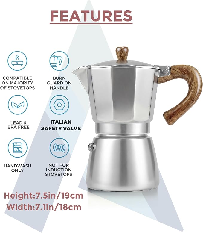AGOGO Milano Moka Pot Stovetop Espresso Maker with 100 Paper Filters for Sediment-Free Coffee, Classic Italian Greca with Wood-Grain Handle,Cleaning Brush & Towel 6 Cup (10oz / 300ml) Silver