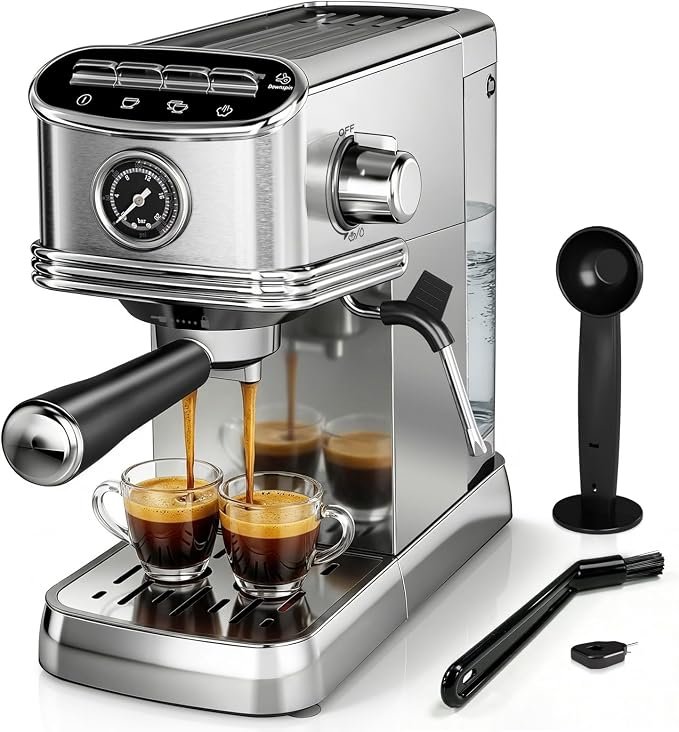 Kismile Espresso Machine with Milk Frother, 20 Bar Compact Espresso Maker with 45 OZ Removable Tank, Stainless Steel Coffee Machine for Home, Office, Latte, Cappuccino Silver