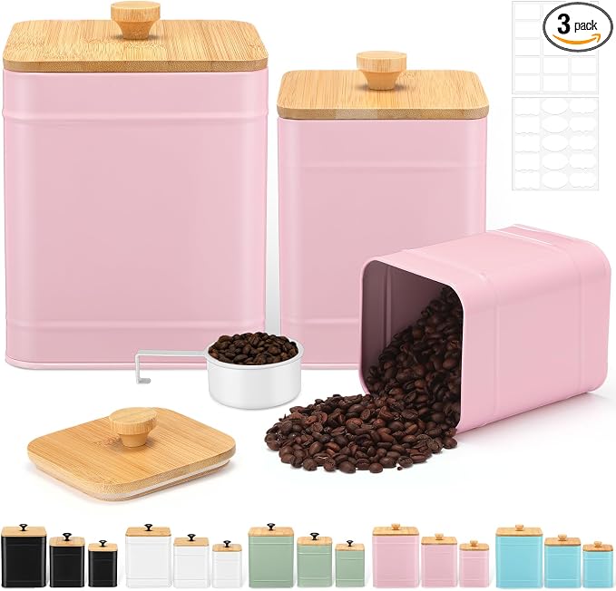 Tioncy Kitchen Canisters for Countertop Set of 3 Metal Canisters Sets with Bamboo Lids Spoon Airtight High Capacity Coffee Tea Sugar Flour Jars with DIY Labels Farmhouse Food Storage (Pink,XL,L,M)