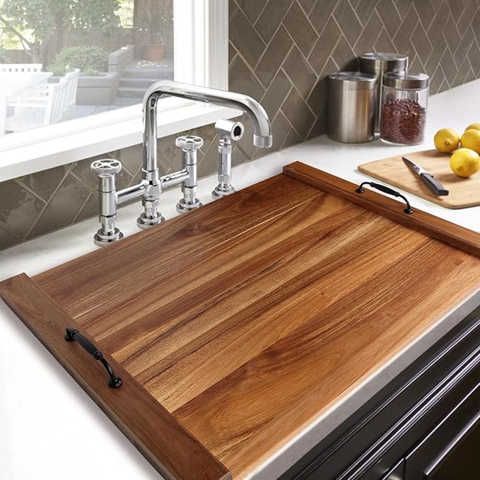 30"x22" Noodle Board Stove Cover for Electric & Gas Stoves, Acacia Wood Ranges Stovetop Cover for Extra Counter Space, Also Sink Cover & Serving Tray (Brown)