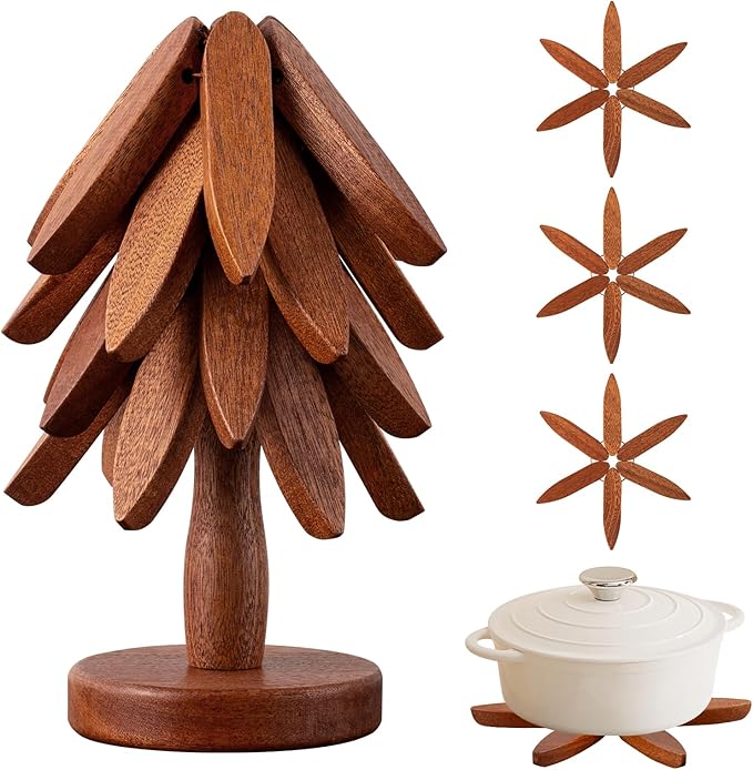 Vertdens Wooden Trivets for Hot Dishes, Hot Dish Coaster with Tree-Shaped Wood Collapsible Hot Pad Trivet Tree for Restaurant, 4 Wooden Trivet + 1 Stand（Walnut Wood）