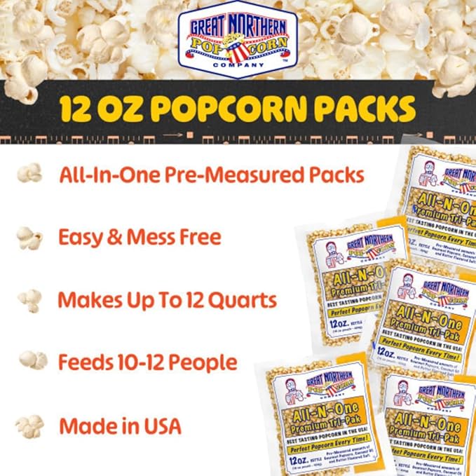 12oz Popcorn Machine Popcorn Packets - All-in-One Movie Theater Style Popcorn Kernels, Salt, and Oil Packs by Great Northern Popcorn (24 Case)
