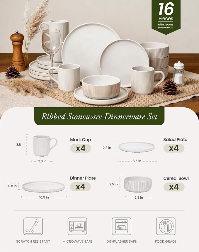 OTAGO 16-Piece Dinnerware Set for 4 with Mugs, Ribbed Stoneware Plates and Bowls Sets, Unique Handcrafted Reactive Glaze, Chip and Scratch Resistant Dish Set, Microwave & Dishwasher Safe, White