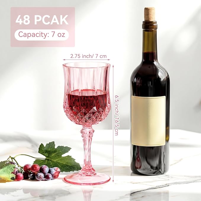 Sliner 96 Pcs 7oz Plastic Vintage Wine Glasses Drinking Goblets Unbreakable Crystal Water Glassware Reusable Diamond Champagne Flutes Cups for Wedding Banquet Birthday Party Supplies (Pink)