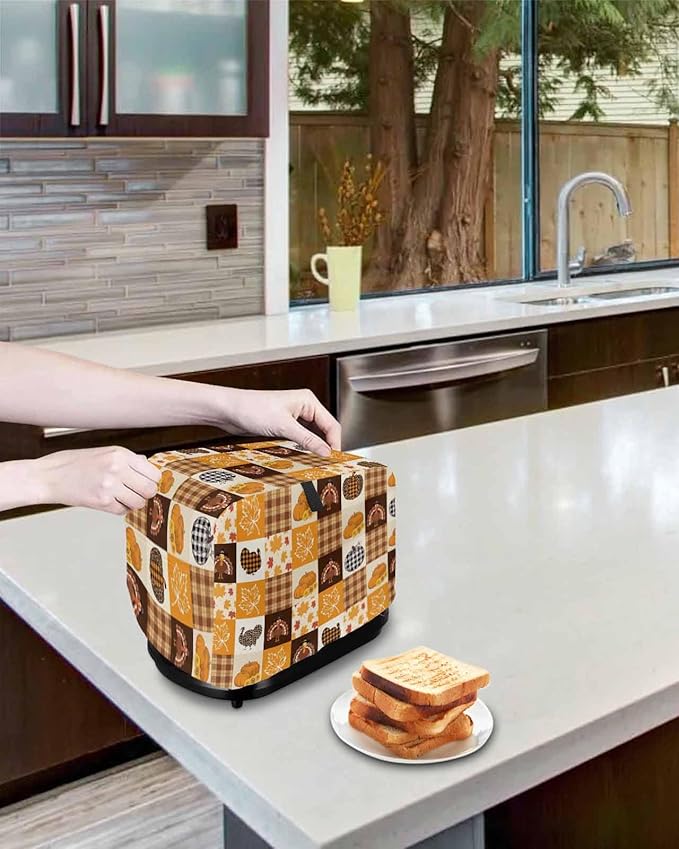 Orange Plaid Fall Toaster Cover 2 Slice, Thanksgiving Pumpkins Turkey Dustproof Bakeware Oven Protector with Top Hook, Maple Leaf Waterproof Small Kitchen Appliance Toasters Dust Cover, 11"x6"x8"