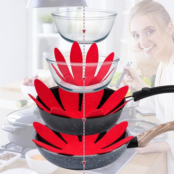 Queekay 36 Pcs Felt Pot Pan Protectors Dish Dividers Separators Bakeware Cookware Scratch Protectors Different Sizes, Thicker Pan Pads for Stacking Cookware Organizing Protecting(Red)
