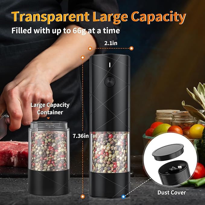 4Pack Electric Salt and Pepper Grinder Set USB Rechargeable with Warm LED Light, Adjustable Coarseness Lidaop Large Capacity Automatic Salt Pepper Mill Shakers for Kitchen, Black Set