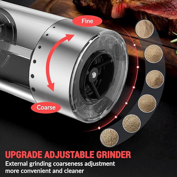 [Upgraded Larger Capacity] Electric Salt and Pepper Grinder Set with USB Charging Base, 95ml Large Capacity, Adjustable Coarseness,Stainless Steel Automatic Pepper Mill (Upgraded Adjustment-B)