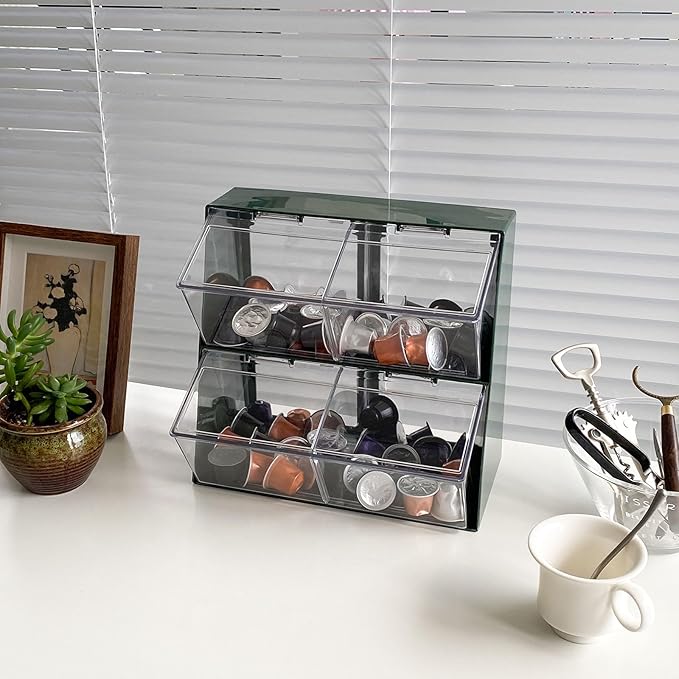 Large Coffee Pod Holder with Lid, Green | Plastic, Coffee Bar Accessories Storage Organizer, For Creamer, K Cups, Tea Bags, Sugar Bag, Drinking Straw
