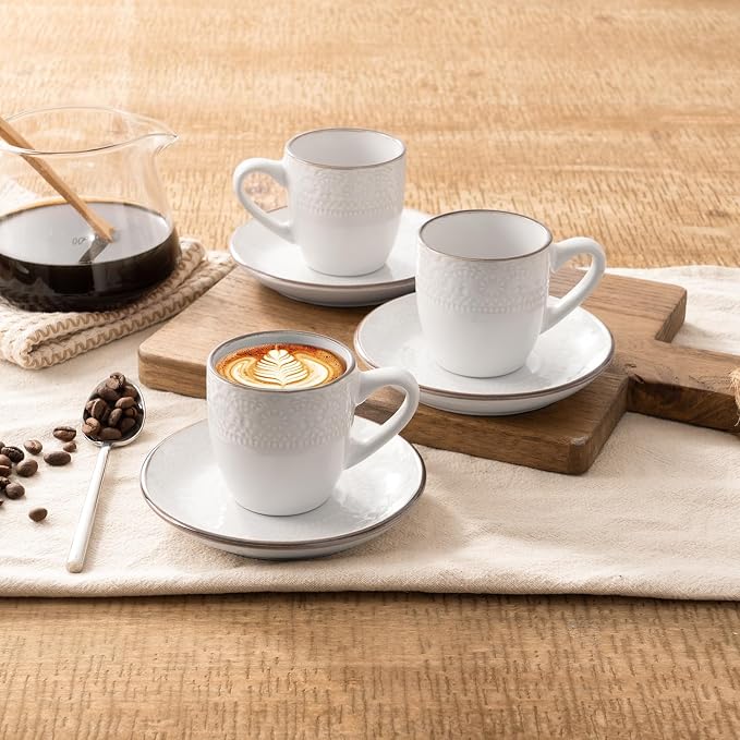 famiware Espresso Cups and Saucers Set of 4, 3 oz Ceramic Small Coffee Mug with Handle, Embossed Stoneware Demitasse Cup for Tea, Latte - Microwave & Dishwasher Safe - White Flower