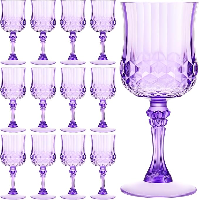 Pinkunn 12 Pcs 7 oz Plastic Vintage Wine Glasses Reusable Colored Goblets Patterned Drinking Water Glasses Cup Dishwasher Safe for Mother's Day Wedding Reception Party Supplies (Purple)