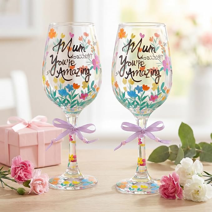 SiliFine 2 Pcs Floral Stemmed Hand Painted Wine Glasses Flower Drinking Cup with Bow Wine Glasses Gifts for Mom Grandmother Mother in Law Birthday Holiday Party Supplies
