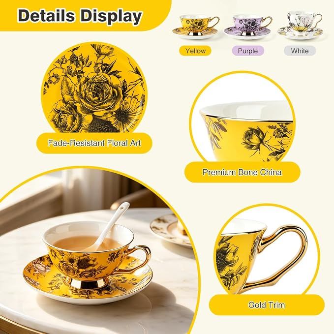 Elegant Floral Tea Cup and Saucer Set with Spoon | 7 oz