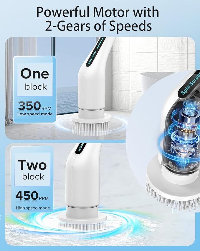 Electric Spin Scrubber, IPX7 Waterproof Cordless Shower Cleaner 2 Speeds 5 Replaceable Heads Adjustable Extension Handle for Bathroom,Toilet, Bathtub, Kitchen, Tile Floors