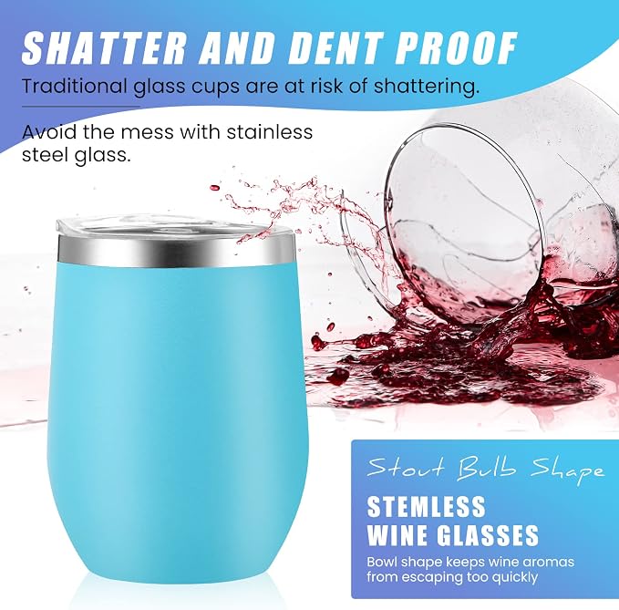 Remagr 16 Pack Stainless Steel Wine Tumblers 12 oz Insulated Vacuum Wine Cup Set Double Wall Stainless Steel Stemless Mug Glasses for Coffee Soda Whiskey Outdoor Travel (Light Blue)