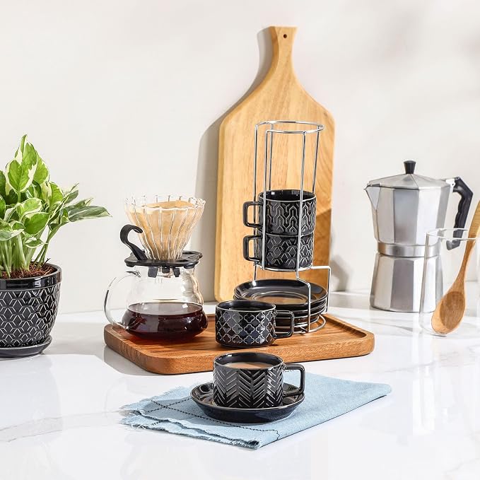 Sureasy 4 Ounce Ceramic Espresso Cups Set of 4 - Stackable Demitasse Cups with Saucers & Metal Stand, Coffee Cups for Latte, Tea, Dishwasher & Oven Safe, Black
