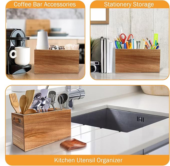 Relaxing Garden Wooden Utensil Holder for Kitchen Counter with Spoon Rest - Acacia Wood Utensil Organizer for Countertop, Rustic Wood Utensil Holder for Kitchen Storage