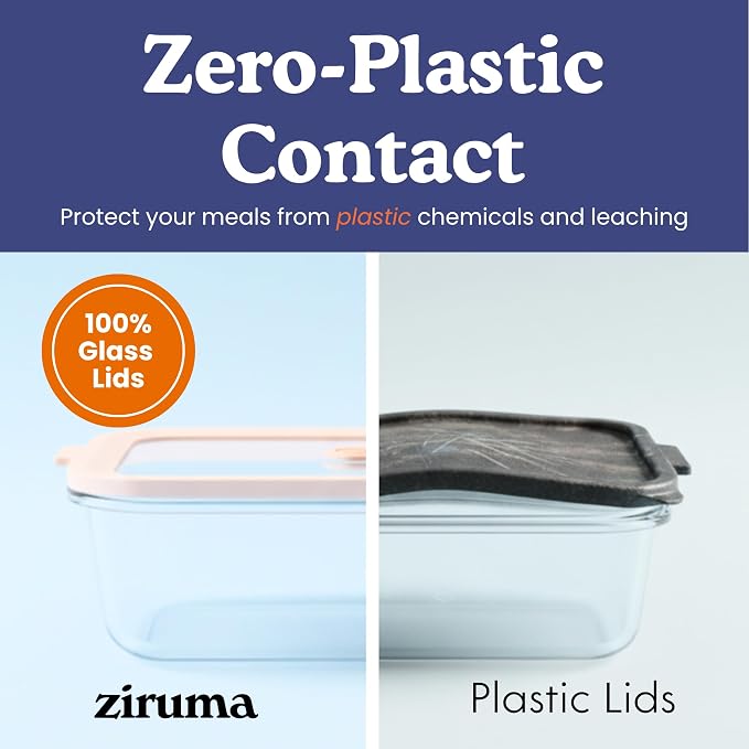 Ziruma Non-Toxic Glass Food Containers with Lids, 4-Pack, Multi-Size, Beige | Plastic & BPA free. Glass body, glass lid & platinum silicone seal. Airtight & leakproof. Freezer & microwave safe.