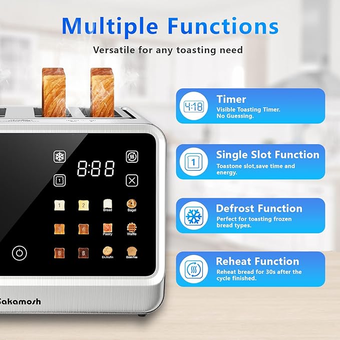 SAKAMOSH 4 Slice Touch Screen Toaster with Dual Control Panel, Wide Slots Smart Digital Toaster with 6 Browning Levels & Bread Type, Single Slice Toasting/Reheat/Defrost/Cancel, 1800W, Stainless Steel