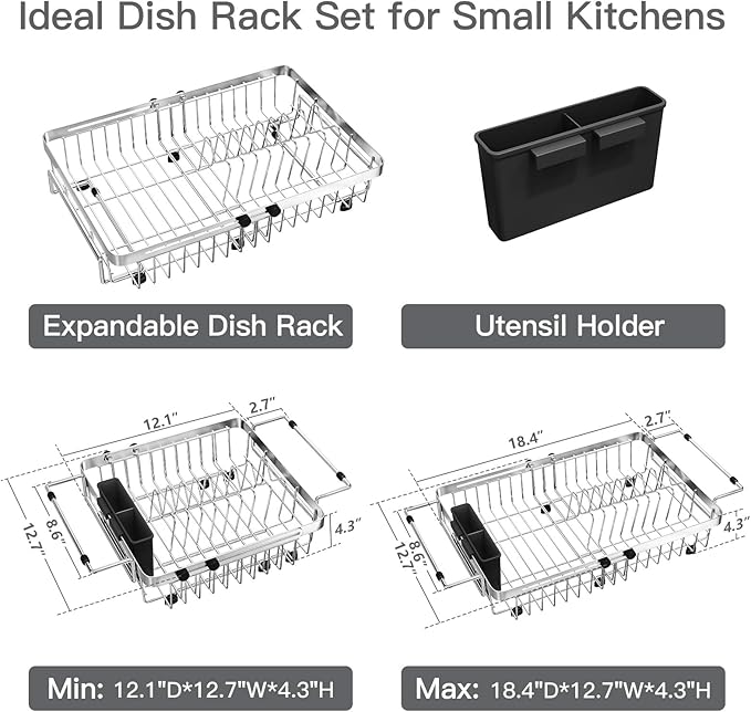 MAJALiS Dish Drying Rack Over The Sink with Utensil Holder | Expandable Stainless Steel Dish Drainer for Small Kitchen, Apartment, RV, Counter Space Saving, Perfect Fit, Rustproof